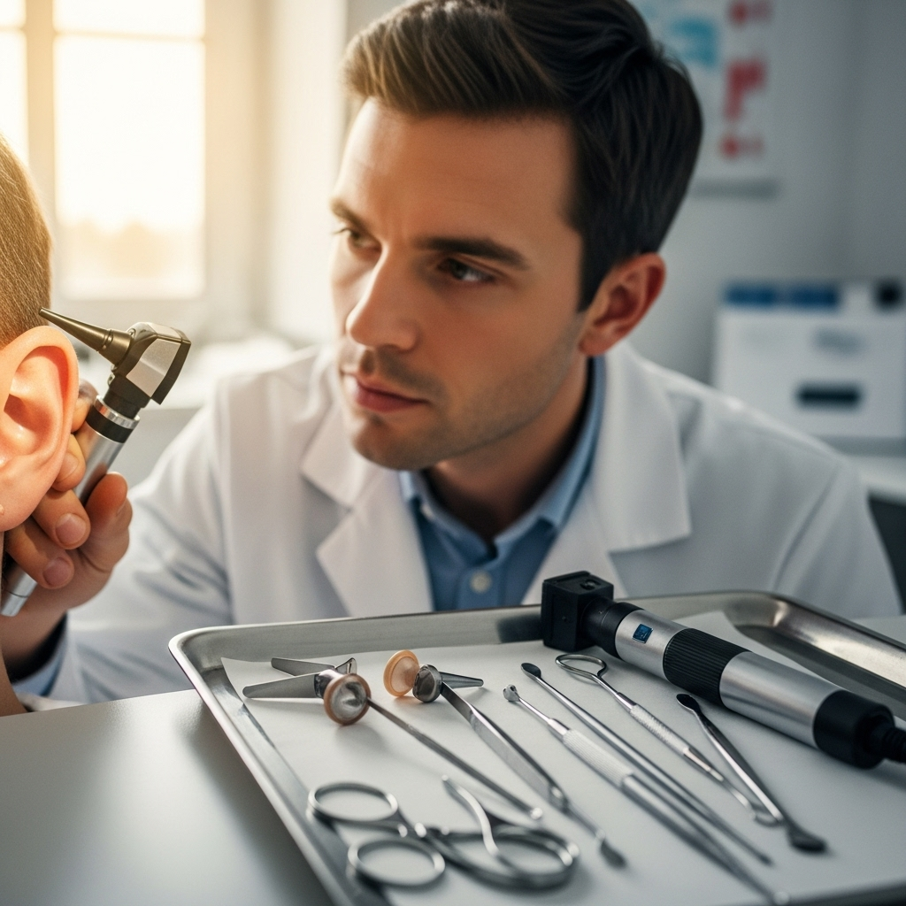 An audiologist examining a patient’s ear, with medical equipment visible, natural lighting and clear detail.