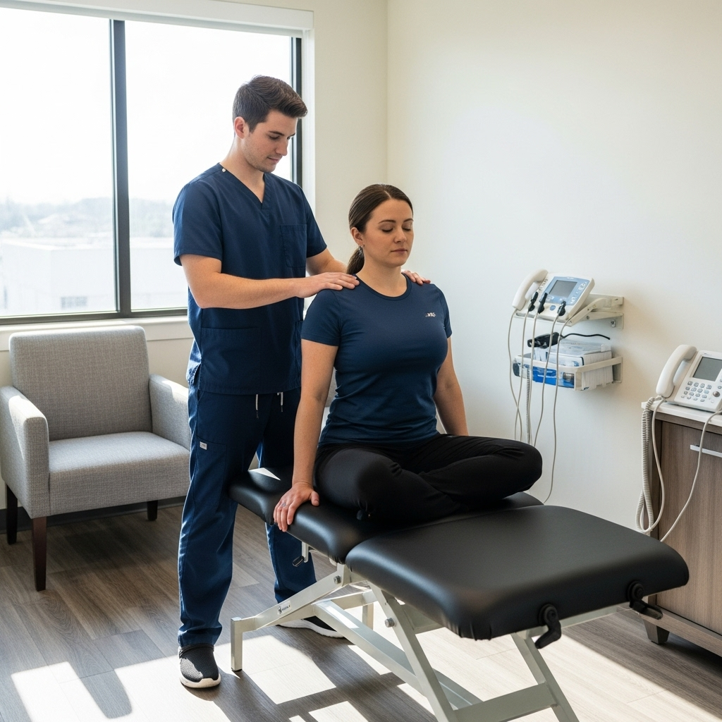 A healthcare professional gently assisting a patient through the Epley maneuver in a bright, clean clinic.