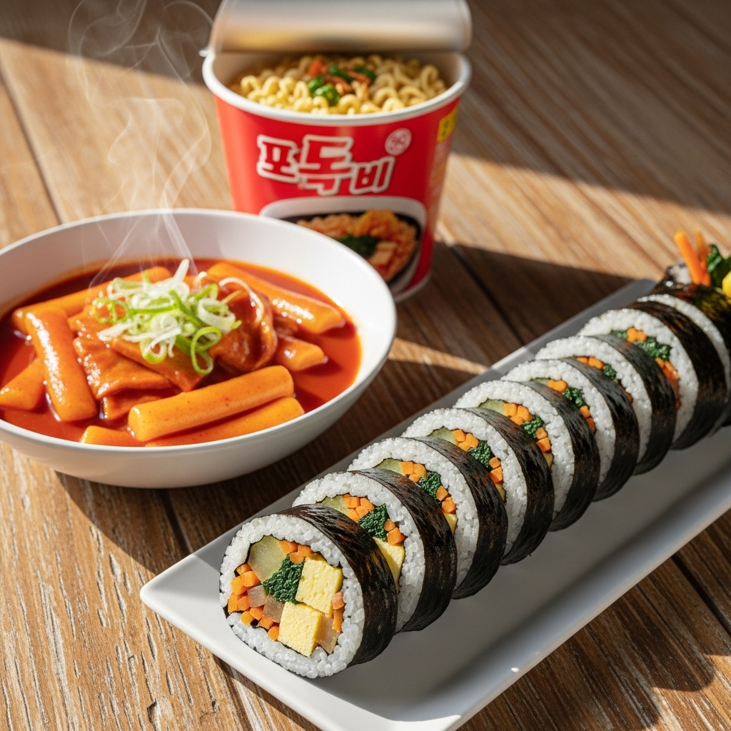 wooden table background, Korean fast food, kimbap, tteokbokki, cup noodles, colorful exposure, side view, bright natural lighting 식후2시간혈당 수치 확 올리는 대표 음식 7가지, 내가 평소 즐겨먹은 것도?