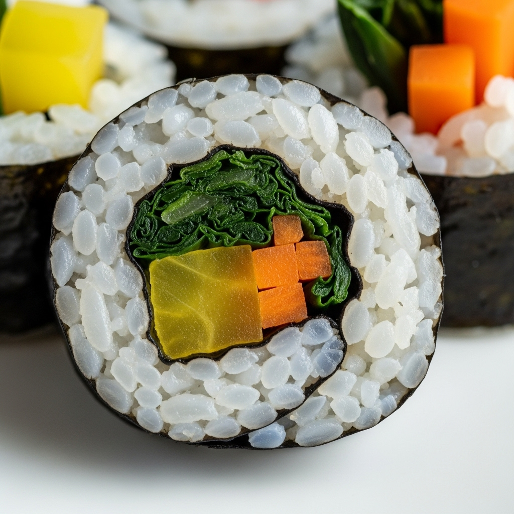 close-up shot of kimbap rolls, focus on white rice, simple ingredients, on a white plate, macro food photography, daylight