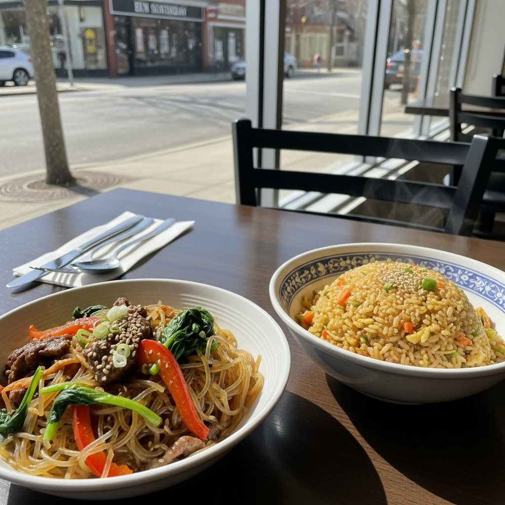 table with bowls of japchae rice and fried rice, vibrant Korean restaurant ambience, close-up shot, natural sunlight, food journal style