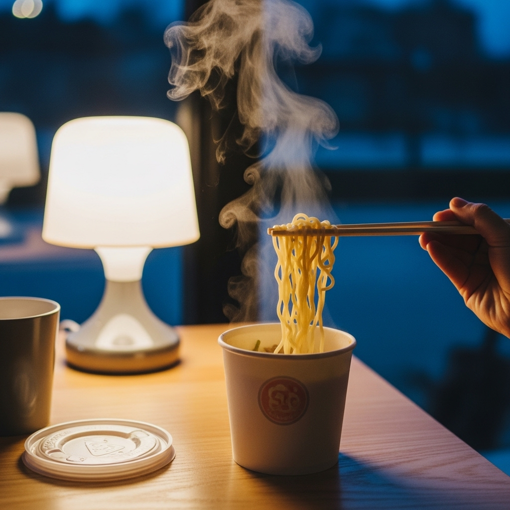 cup noodles with steaming soup, disposable cup, eating with chopsticks, cozy indoor evening environment, soft lighting
