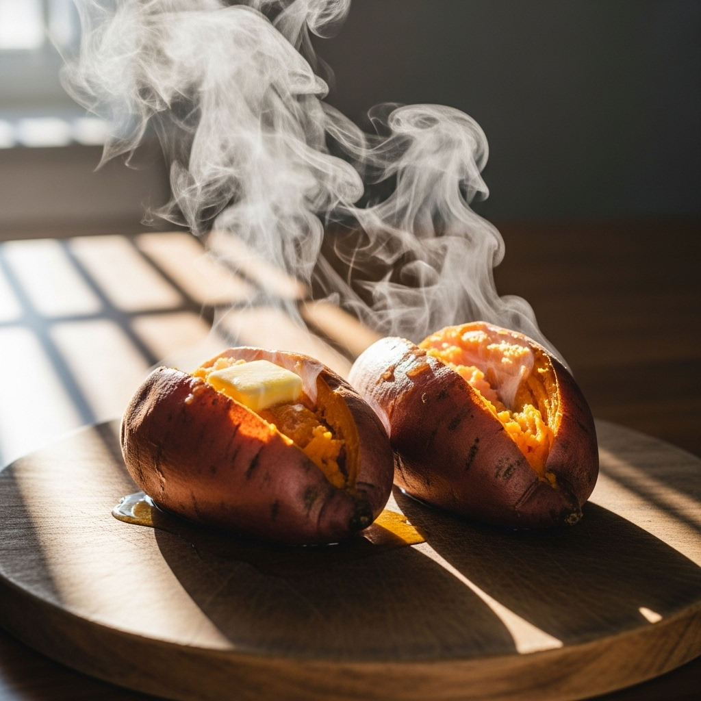 baked sweet potatoes, split open to show soft orange flesh, wooden serving board, bright morning sunlight, minimal background