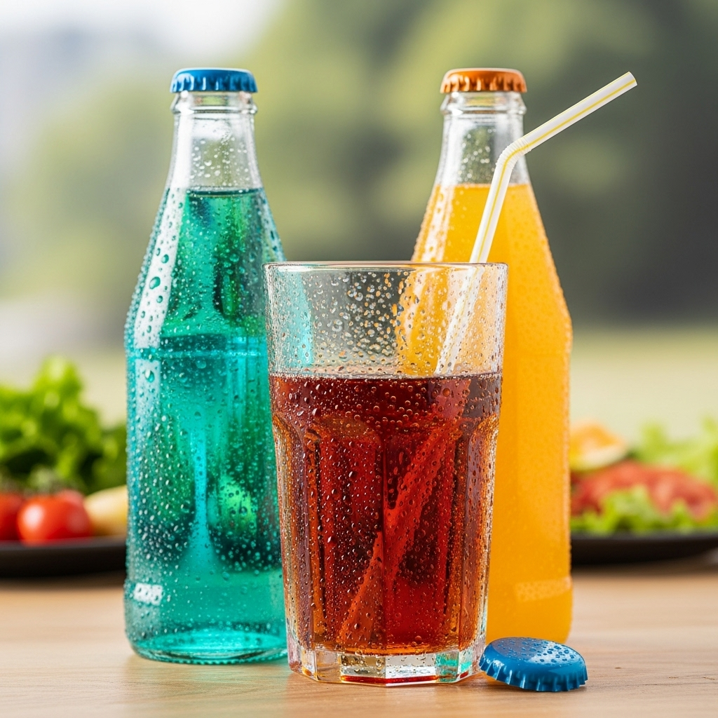 glass of sweet beverage, soda, colorful bottle and cup, condensation drops, fresh lunch background, high resolution photo