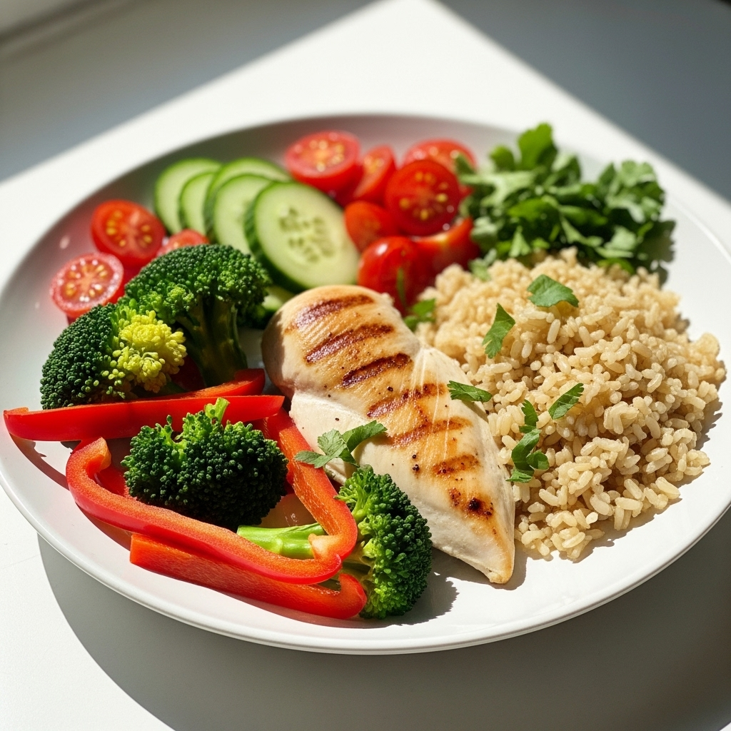 healthy meal illustration, colorful vegetables, brown rice, chicken breast, balanced plate, natural foods, high-definition, soft daylight