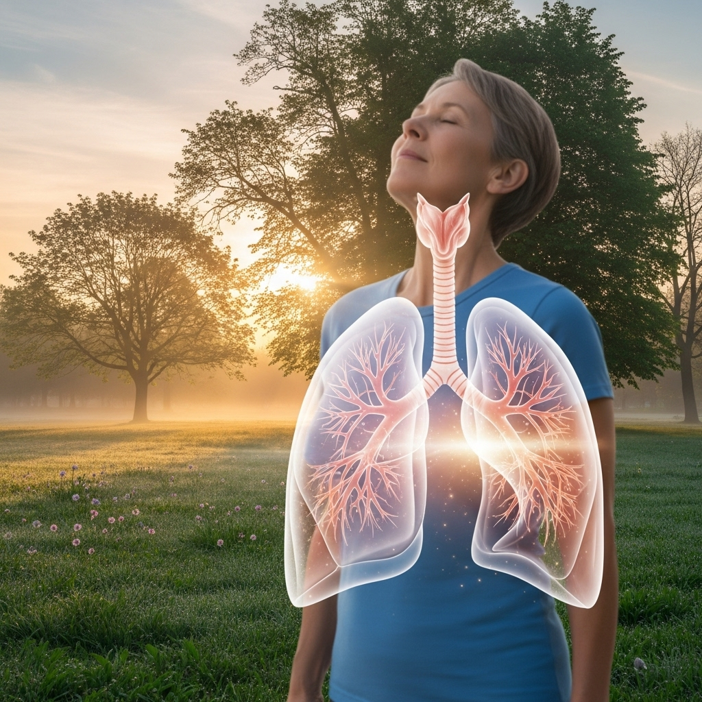 A healthy person breathing fresh air in a sunny park, showing the lungs recovering and becoming clear, peaceful morning atmosphere, realistic photography style 금연 3단계 변화와 금단현상 극복법 완벽 가이드
