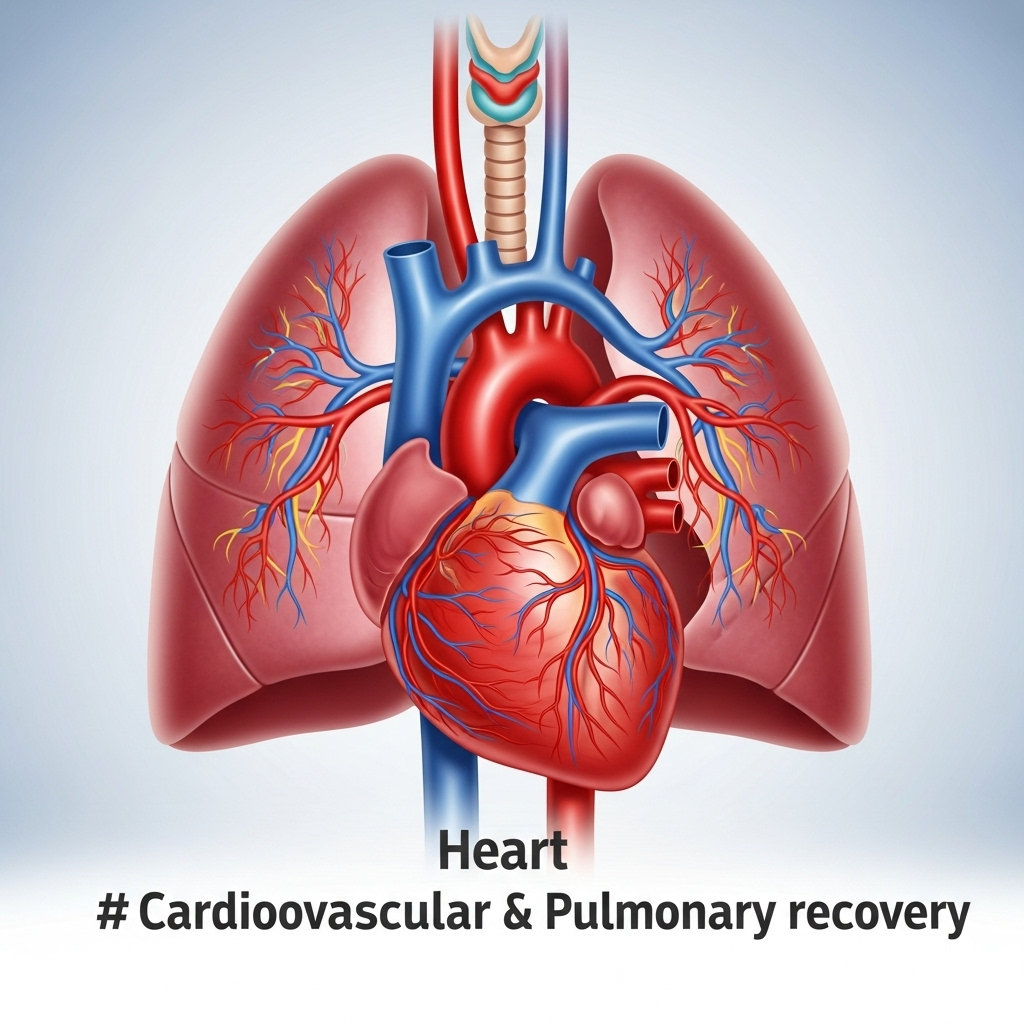 Medical illustration showing heart and lungs recovering, with clean blood circulation, bright healing colors, professional medical diagram style