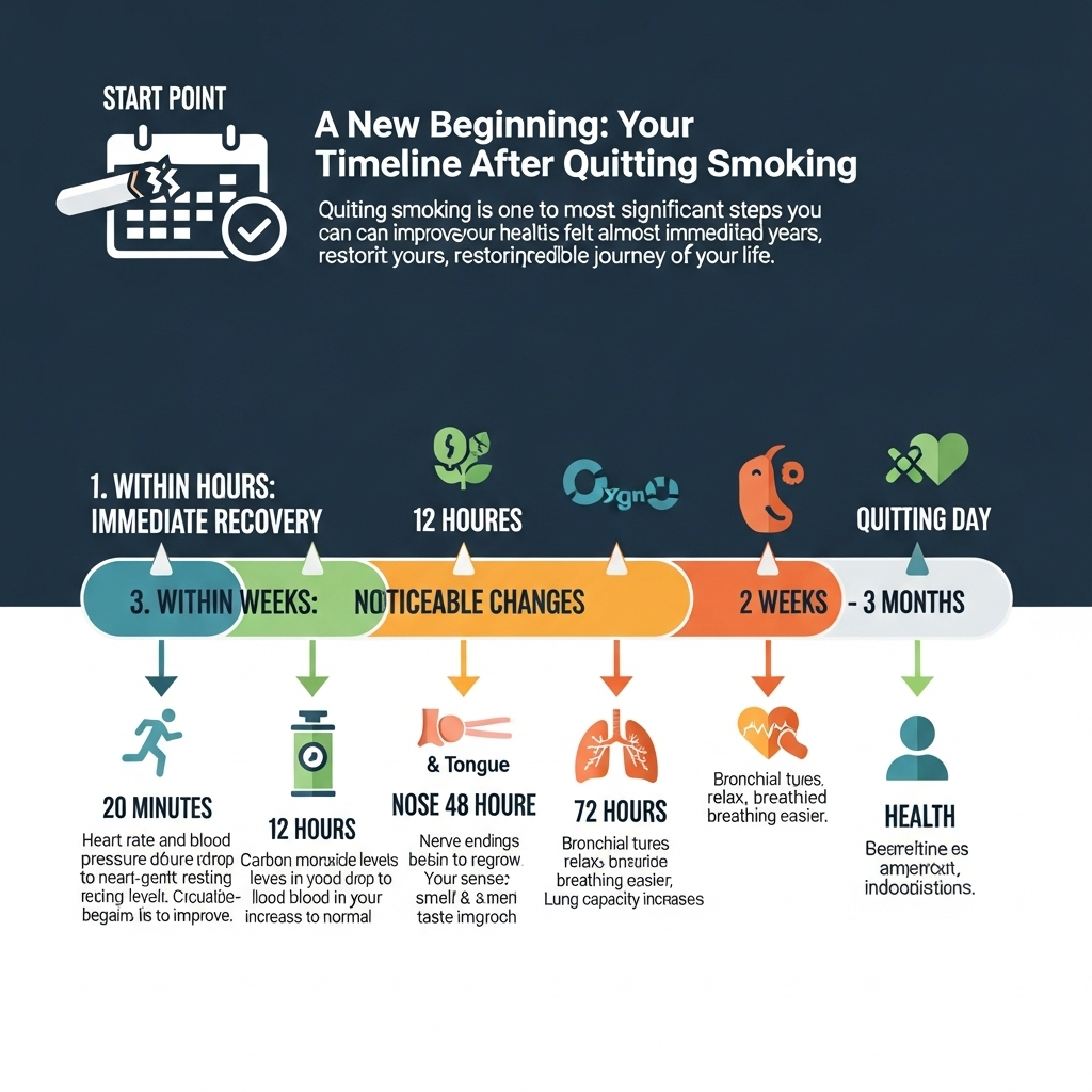 Timeline infographic showing health improvements over months and years after quitting smoking, clean modern design with calendar and health symbols