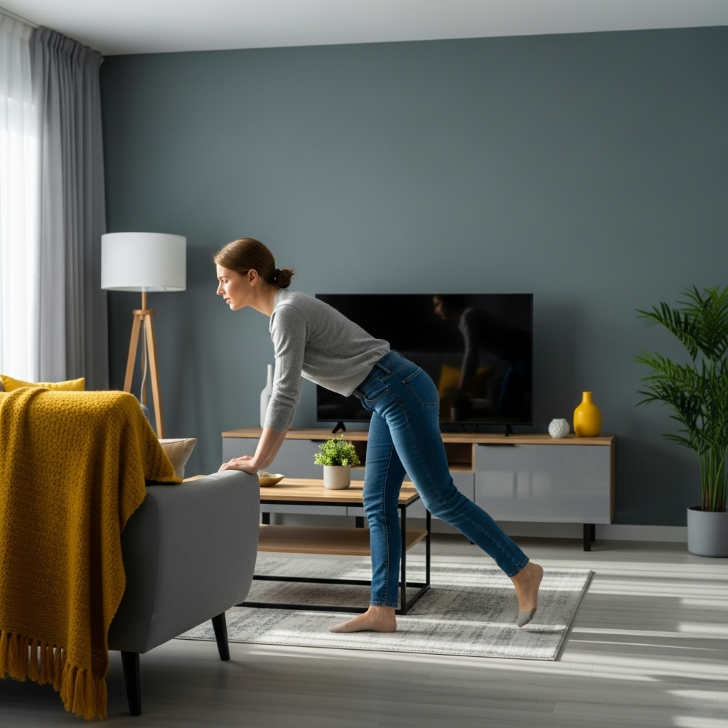 A person standing up from a chair, feeling dizzy, with blurry vision, in a modern, brightly lit home. The person is an adult, not a child, and the image is not sexual, criminal, or scary. The style is realistic and empathetic. 앉았다 일어설 때 핑? '기립성 저혈압' 증상과 원인 5가지