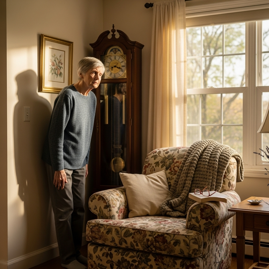 An elderly person looking tired and leaning against a wall, appearing weak. The setting is a cozy, natural light-filled living room. No children or scary elements are present.