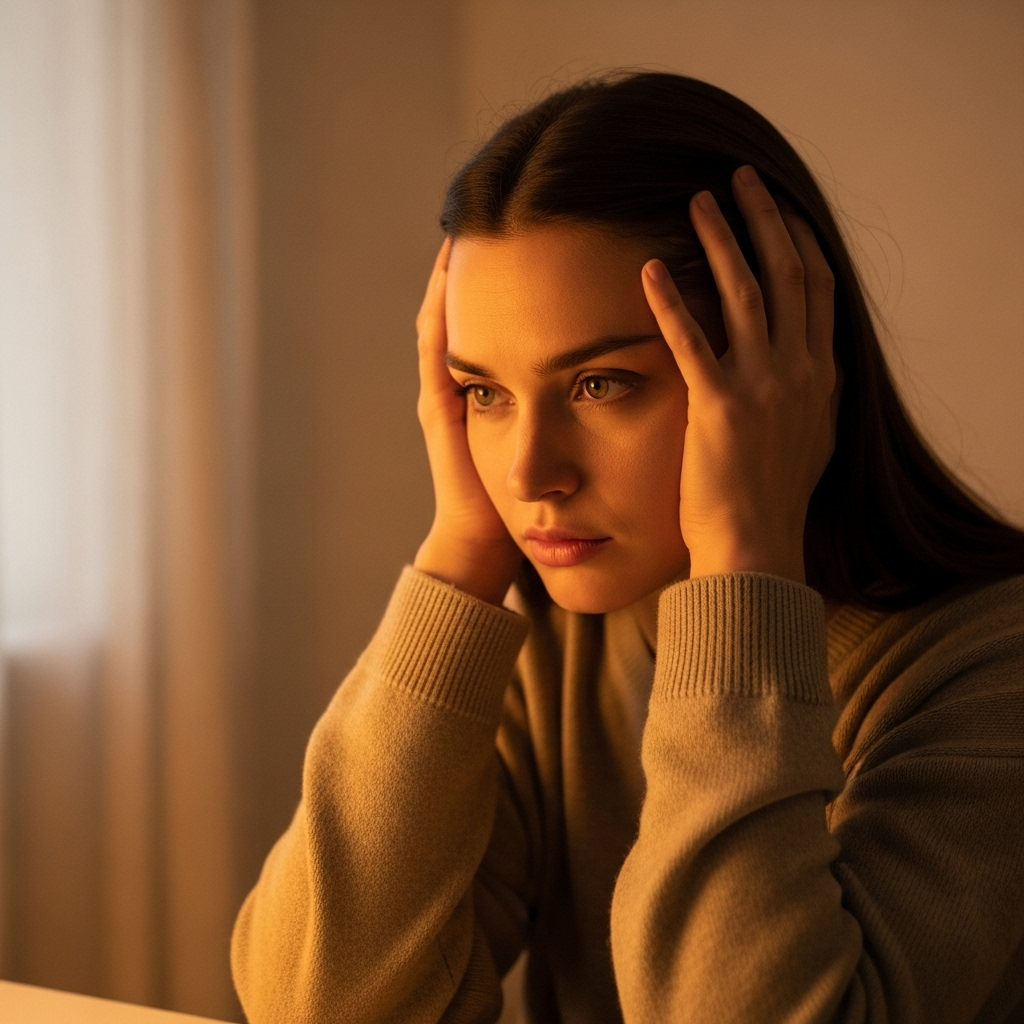 A person gently holding their head, looking thoughtful and slightly concerned, in a soft, warm light setting, symbolizing self-care and attention to health.