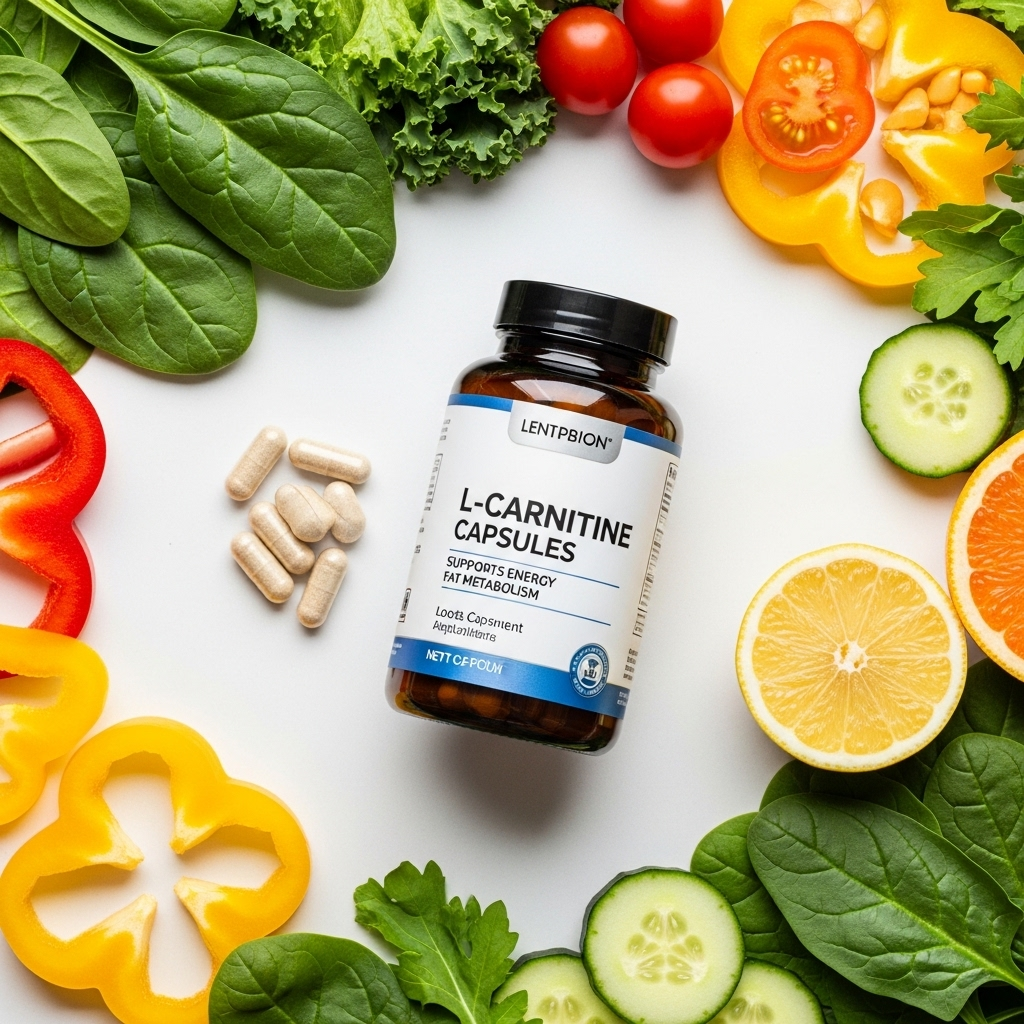 L-carnitine supplement capsules on a white background with fresh vegetables and exercise equipment, bright natural lighting, professional product photography style L-카르니틴 효과와 부작용 완벽 가이드, 다이어트 성분의 진실