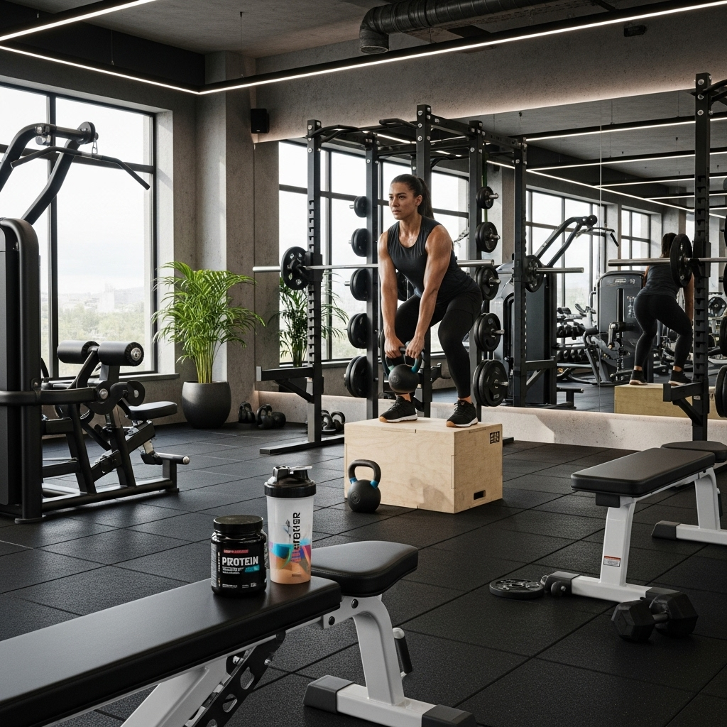 Athletic person exercising in a gym with protein supplements nearby, showing energy and vitality, modern fitness environment, natural lighting