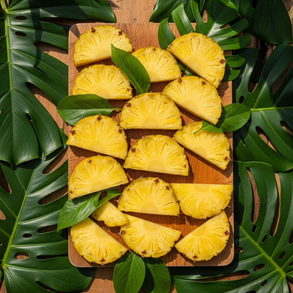 Delicious, juicy pineapple sliced on a wooden cutting board, surrounded by tropical leaves and soft natural sunlight, vibrant and inviting, no text 파인애플 효능 5가지, 소화와 건강을 챙기는 방법