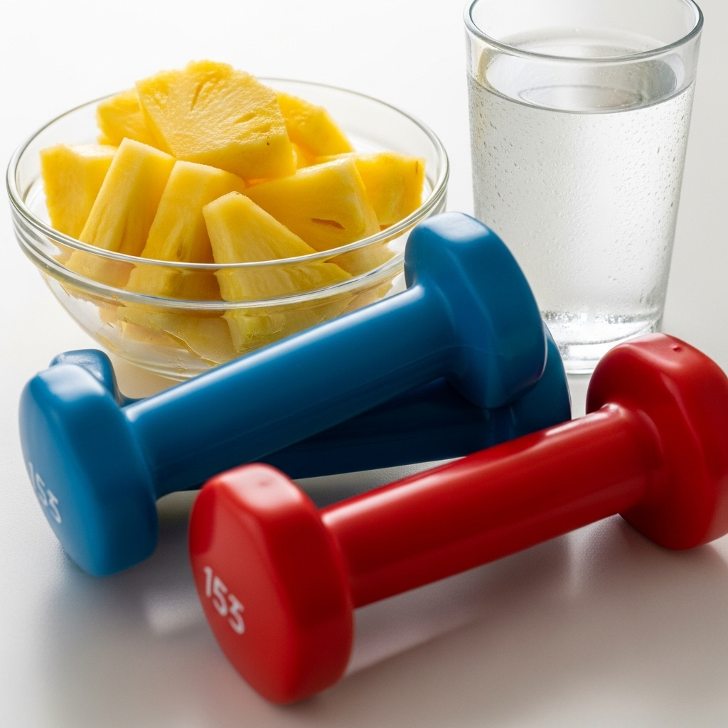 Fresh pineapple slices in a glass bowl next to a set of colorful dumbbells and a glass of water, bright daylight, energetic mood, no text