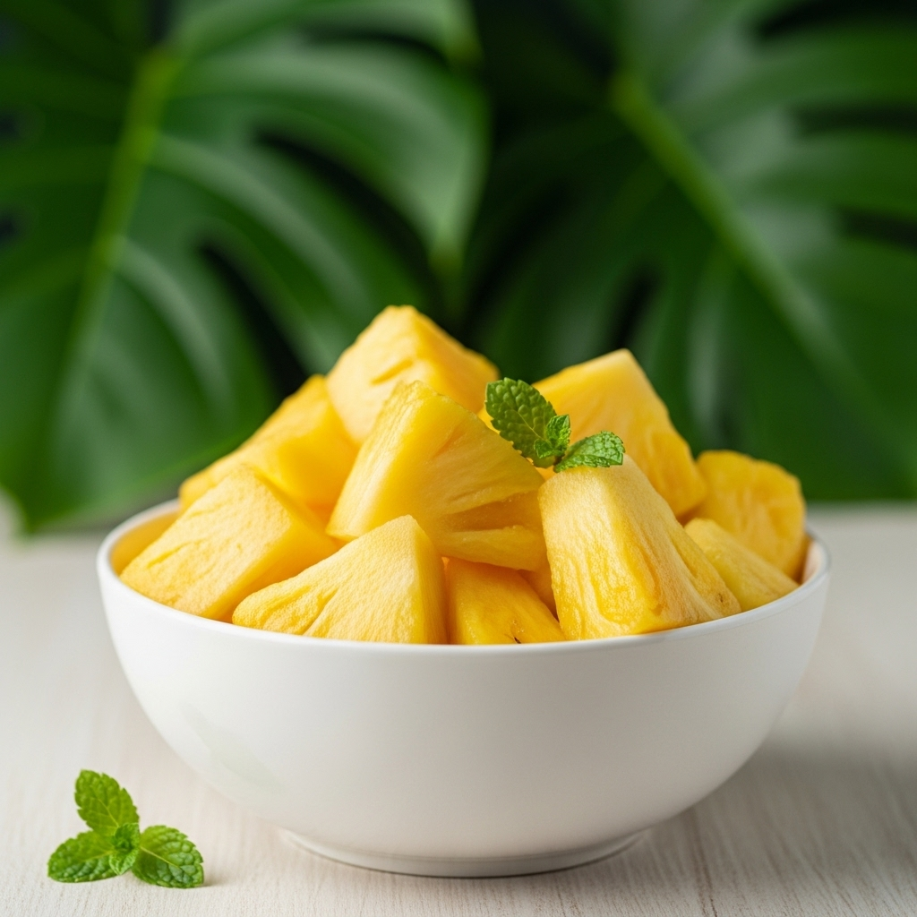 Pineapple chunks in a bowl with greenery in the background, concept of anti-inflammatory foods, peaceful vibe, no text
