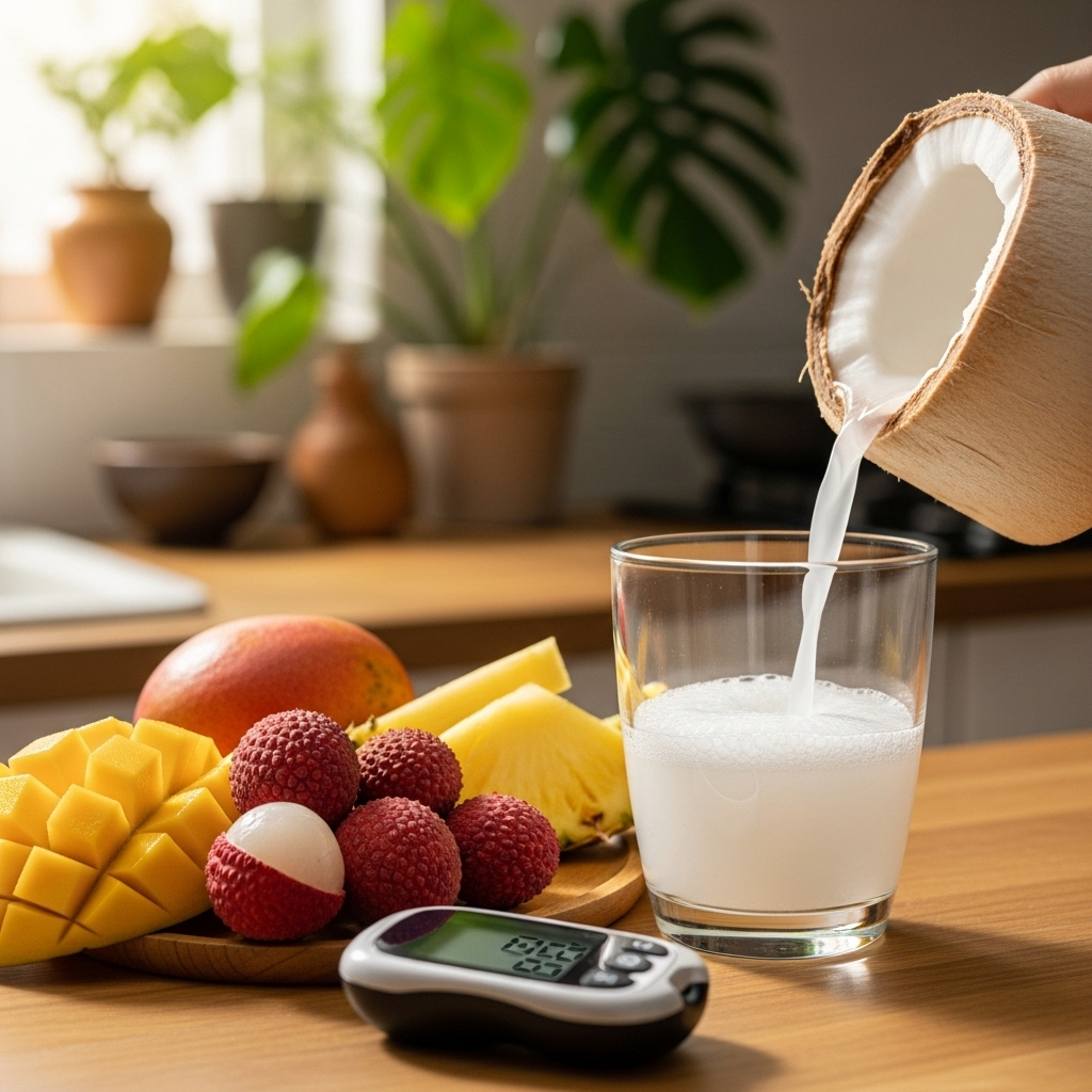 a close-up of coconut water being poured into a clear glass, fruits and glucometer nearby, cozy kitchen background, natural lighting 코코넛워터 효능 7가지와 혈당 관리 방법