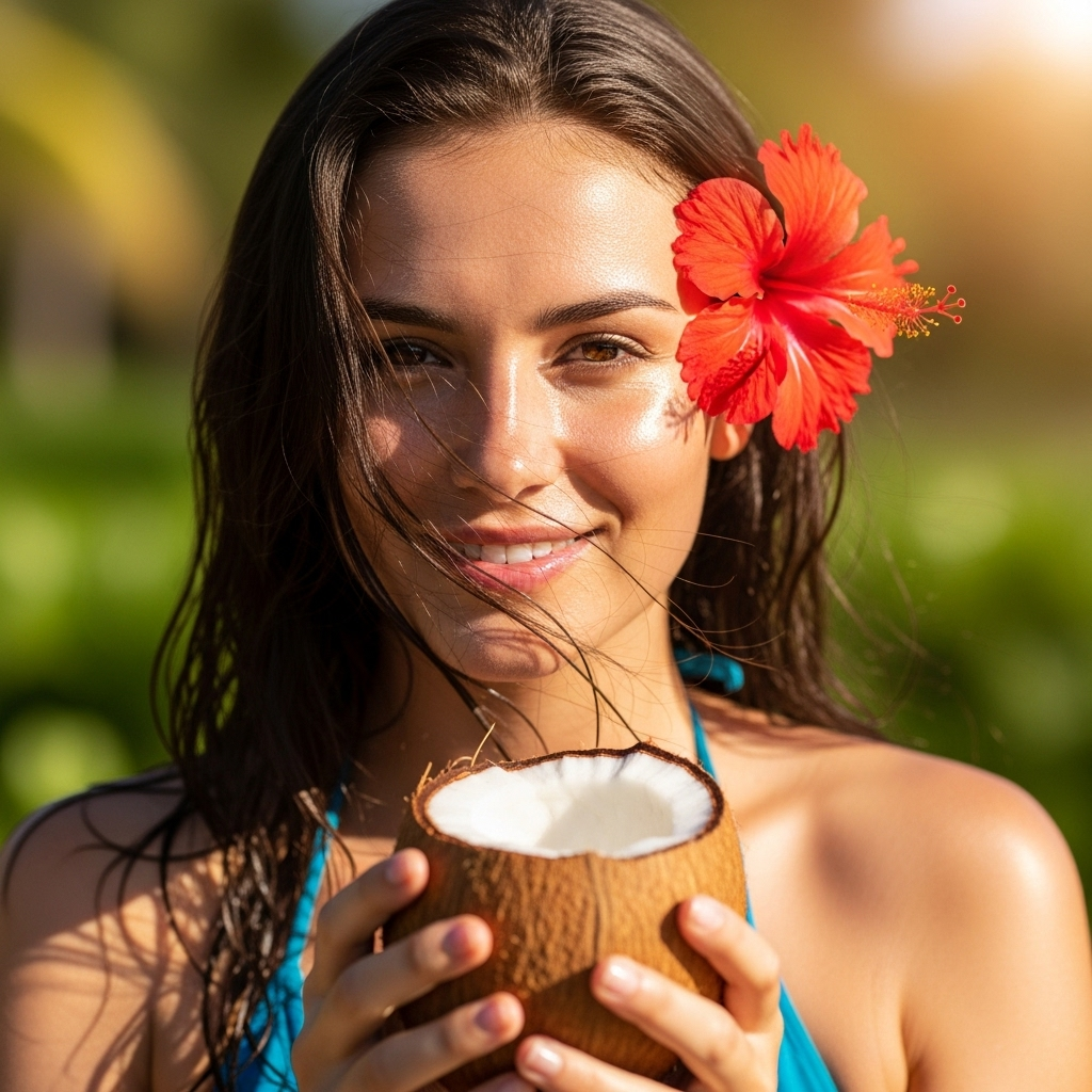 close-up of a young woman holding coconut water, glowing skin, tropical sunlight, flower in hair 코코넛워터 효능 7가지와 혈당 관리 방법