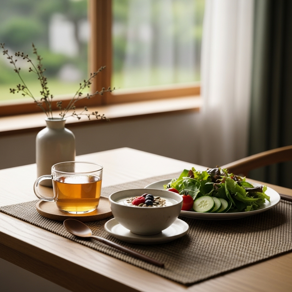 A calm, softly lit breakfast table with ginger tea, yogurt, and salad. In the background is a peaceful window view. Minimalist, natural colors, health and wellness mood. 스트레스성 위염 증상, 이유, 그리고 효과적인 예방법 7가지