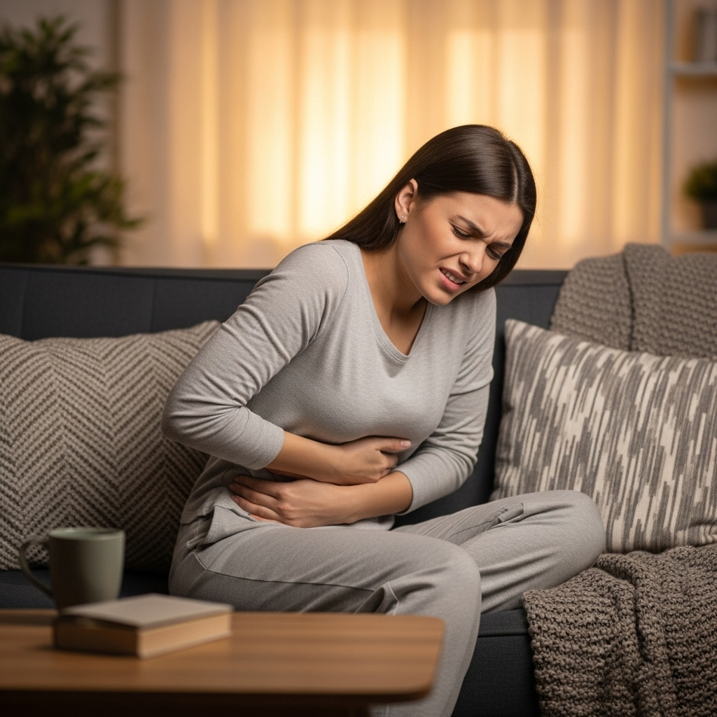 A young woman holding her stomach and wincing in pain, seated on a cozy sofa in casual home clothing. Warm indoor lighting set. 스트레스성 위염 증상, 이유, 그리고 효과적인 예방법 7가지