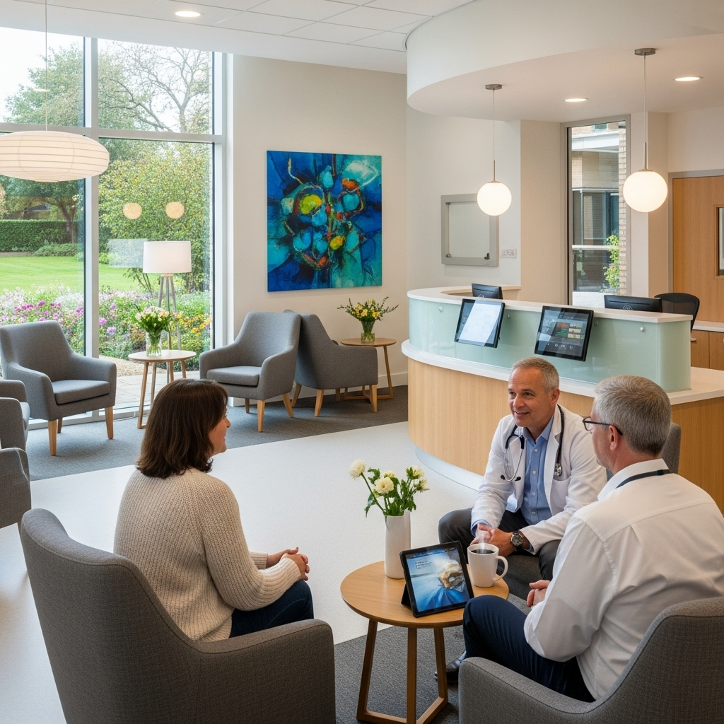 A modern, clean hospital reception area, a doctor and patient in casual consultation, bright and welcoming atmosphere. 스트레스성 위염 증상, 이유, 그리고 효과적인 예방법 7가지