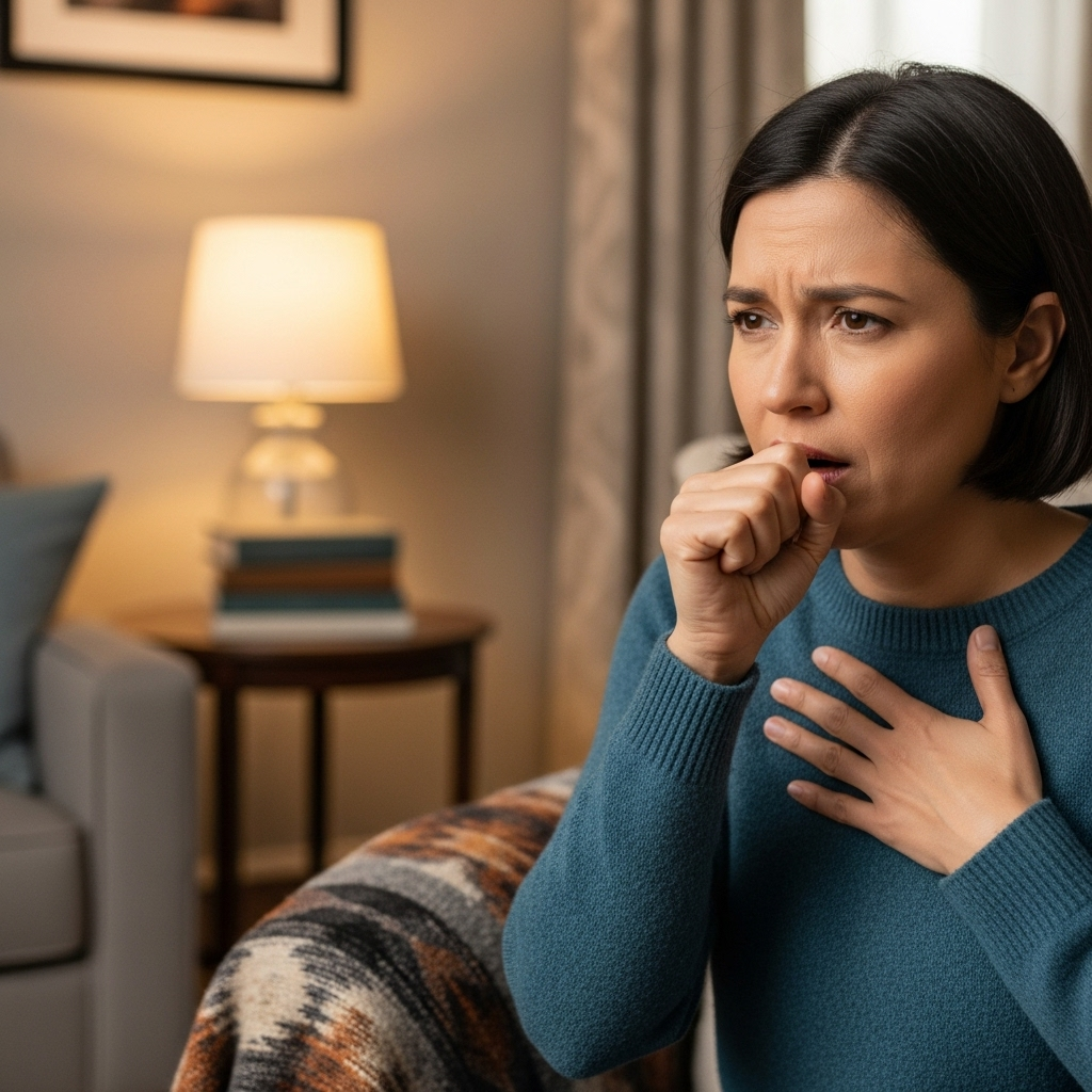 A person coughing gently, looking uncomfortable, with a blurred background of a cozy living room. The focus is on the person's expression of slight distress. No text in the image. 갑자기 찾아온 기침! 효과적으로 멈추는 법과 예방 노하우 5가지