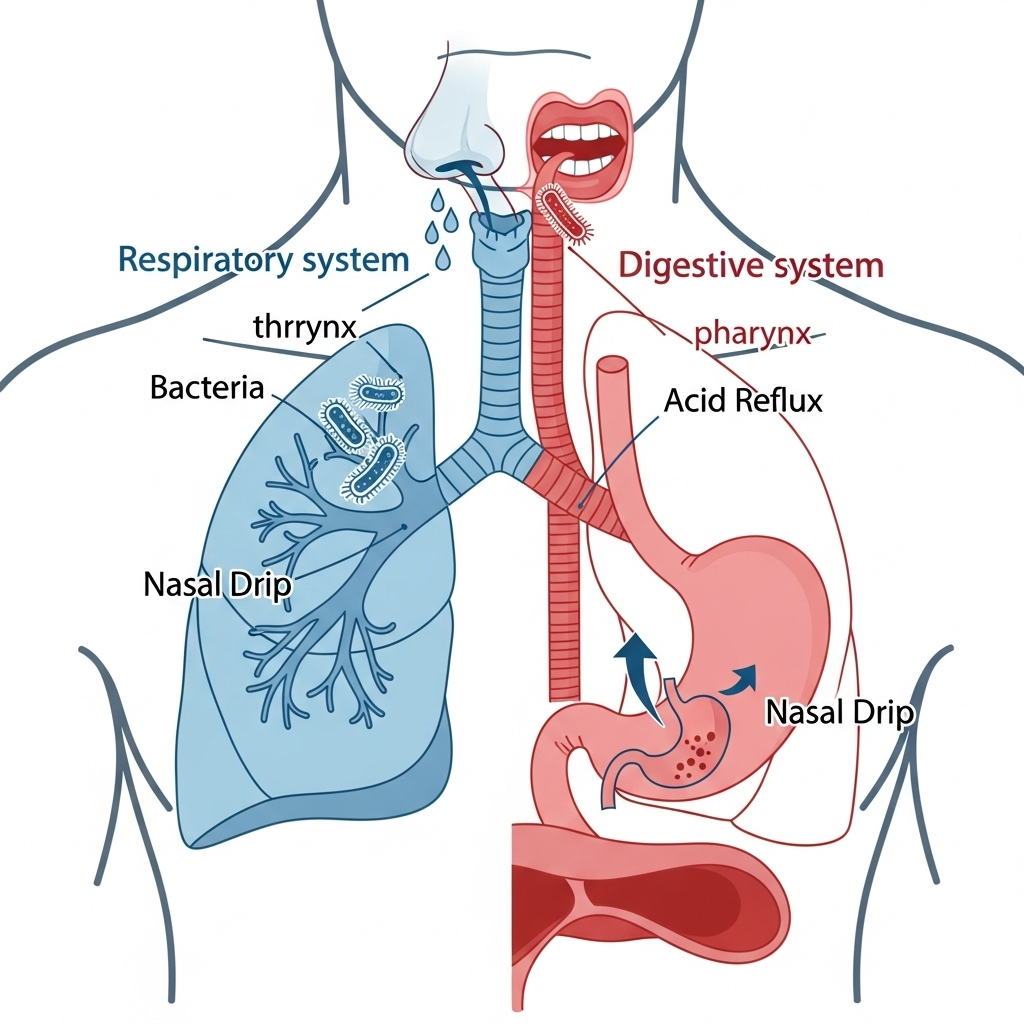 A graphic illustration showing the different parts of the respiratory system and digestive system, with small icons indicating common causes of cough such as bacteria, acid reflux (stomach), and nasal drip (nose). Clean and informative design. No text in the image.