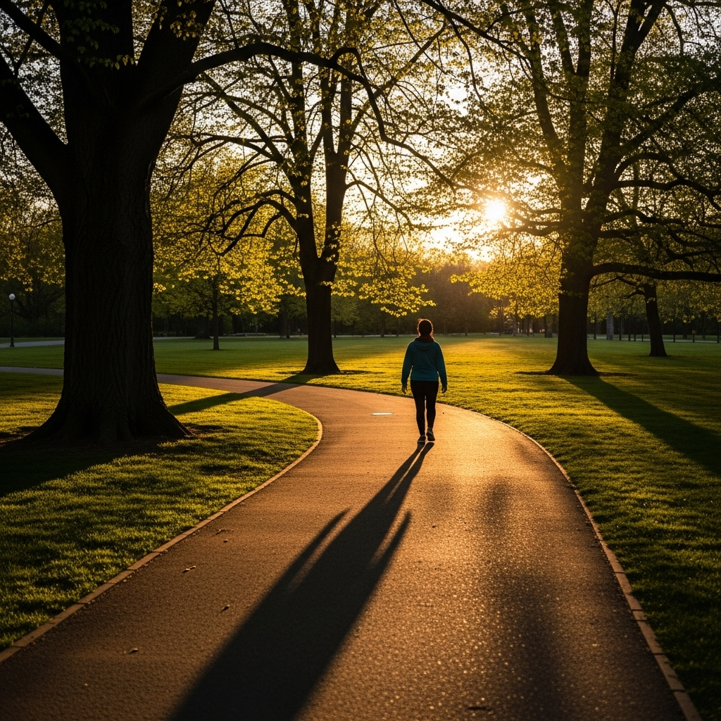 A person walking in a peaceful park during golden hour, exercise for diabetes prevention, healthy lifestyle concept, natural outdoor setting