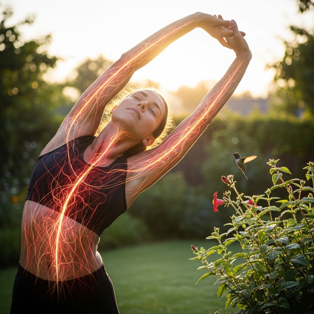 A vibrant, energetic person stretching in the morning sun, with subtle glowing lines representing blood flow and energy within their body. The overall mood is fresh and positive.