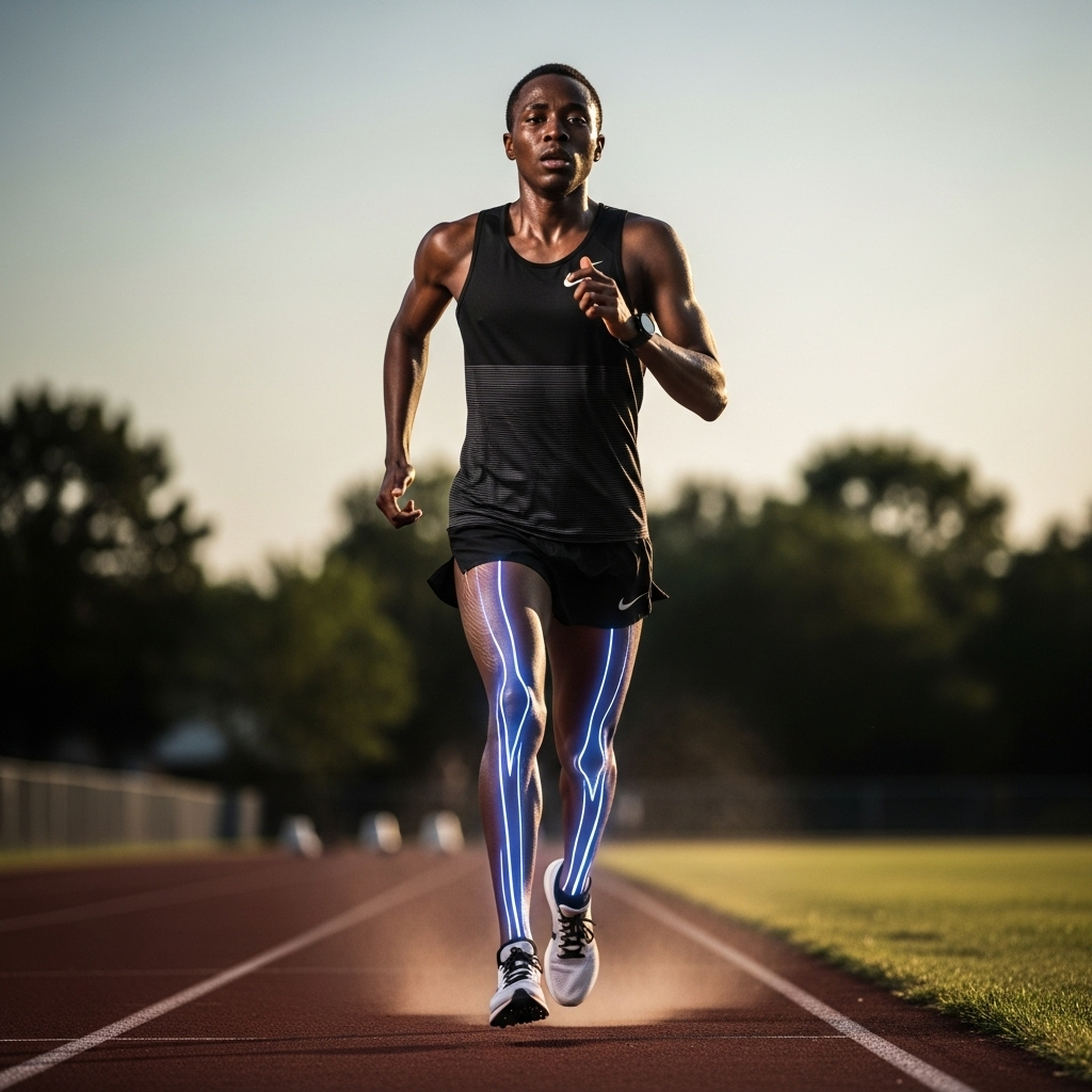 A person running on a track, looking strong and focused. Subtle energy lines are shown around their legs, suggesting enhanced stamina and performance.