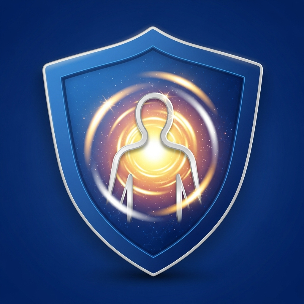 A stylized shield icon with a human figure outline in the center, surrounded by a protective glow, symbolizing a strong immune system.