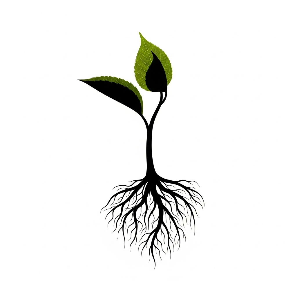 A silhouette of a growing plant sprout with roots extending downwards, symbolizing growth and healthy metabolic processes.