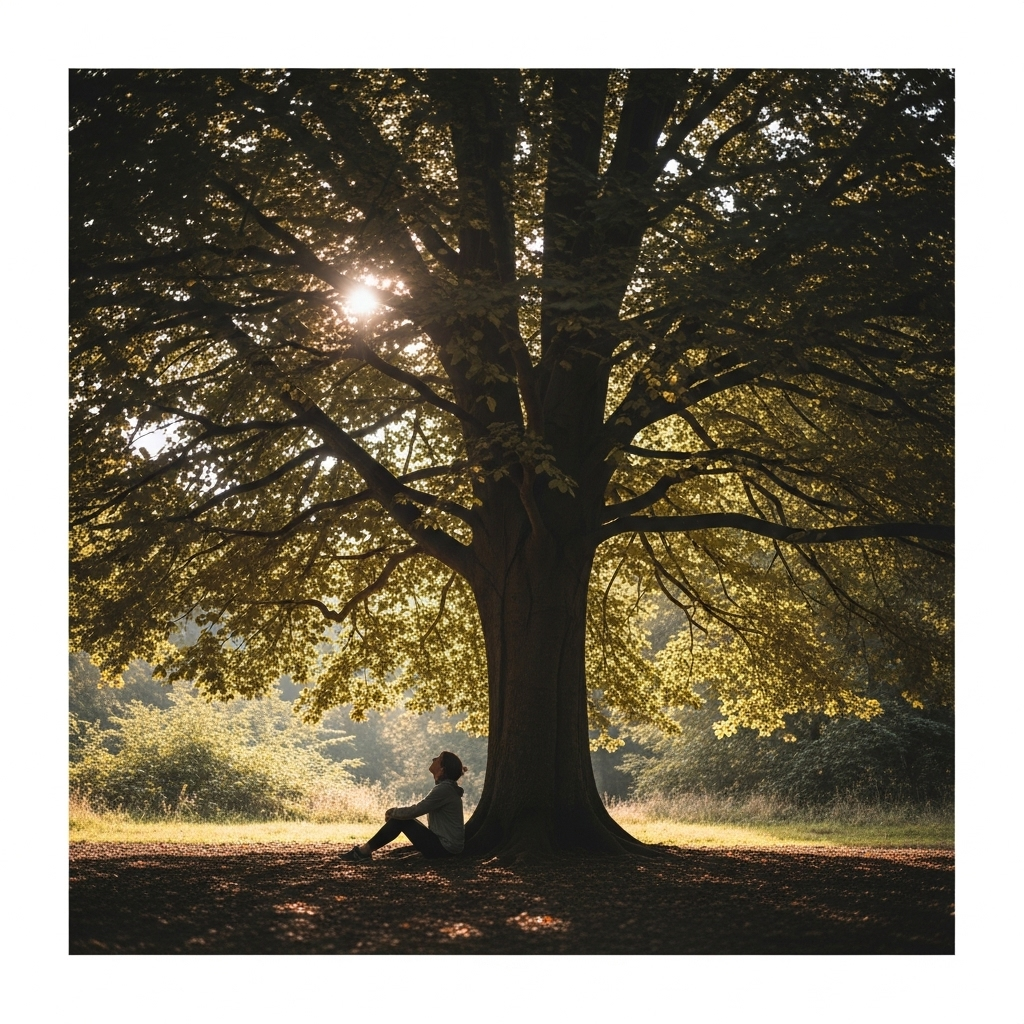 peaceful forest scenery, soft sunlight filtering through trees, relaxing ambience, gentle colors, a person sitting quietly under a tree, no text