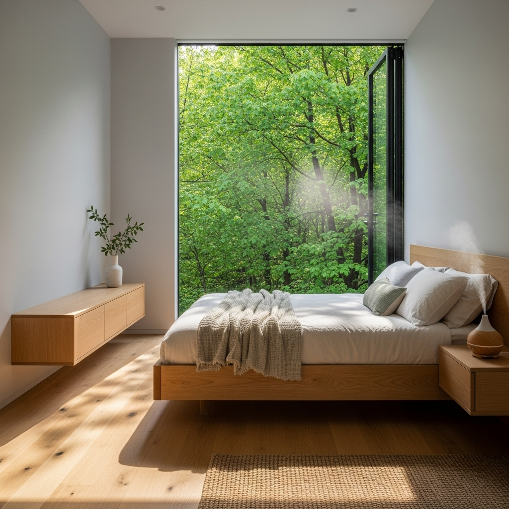 modern bedroom with natural wooden elements, window open to green trees, aroma diffuser on bedside table, early morning light, sense of peace, no text