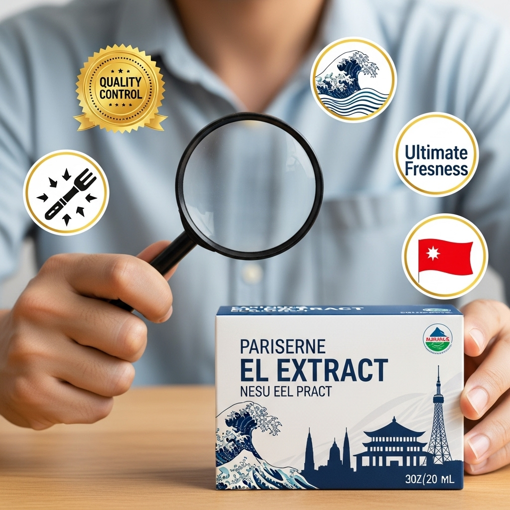 A person carefully examining a label on a box of eel extract, with magnifying glass, surrounded by symbols of quality checks, freshness, and domestic origin.
