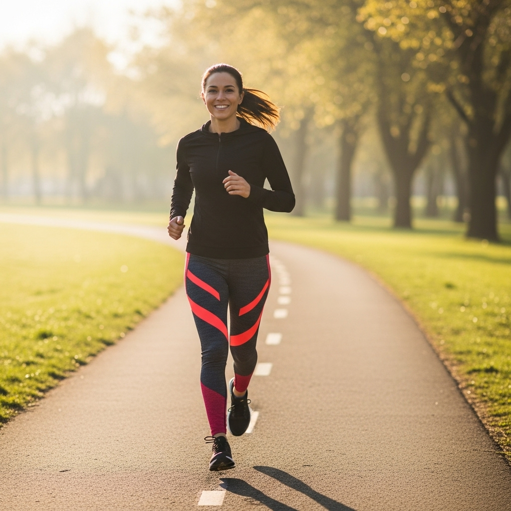 A person enjoying a vibrant, active day, perhaps jogging or working efficiently, with a bright smile, symbolizing renewed energy and well-being.