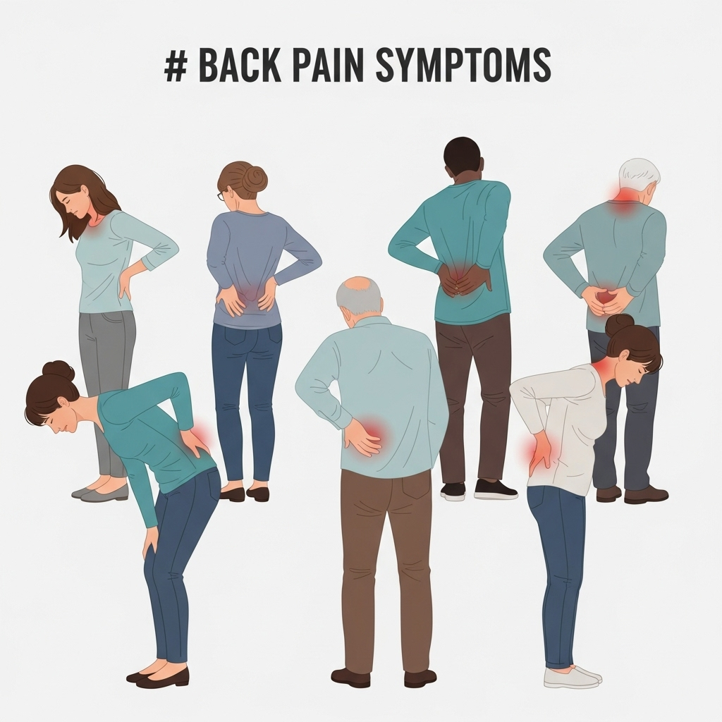back pain symptoms, diverse adults holding their back, neutral background, medical illustration, clear details