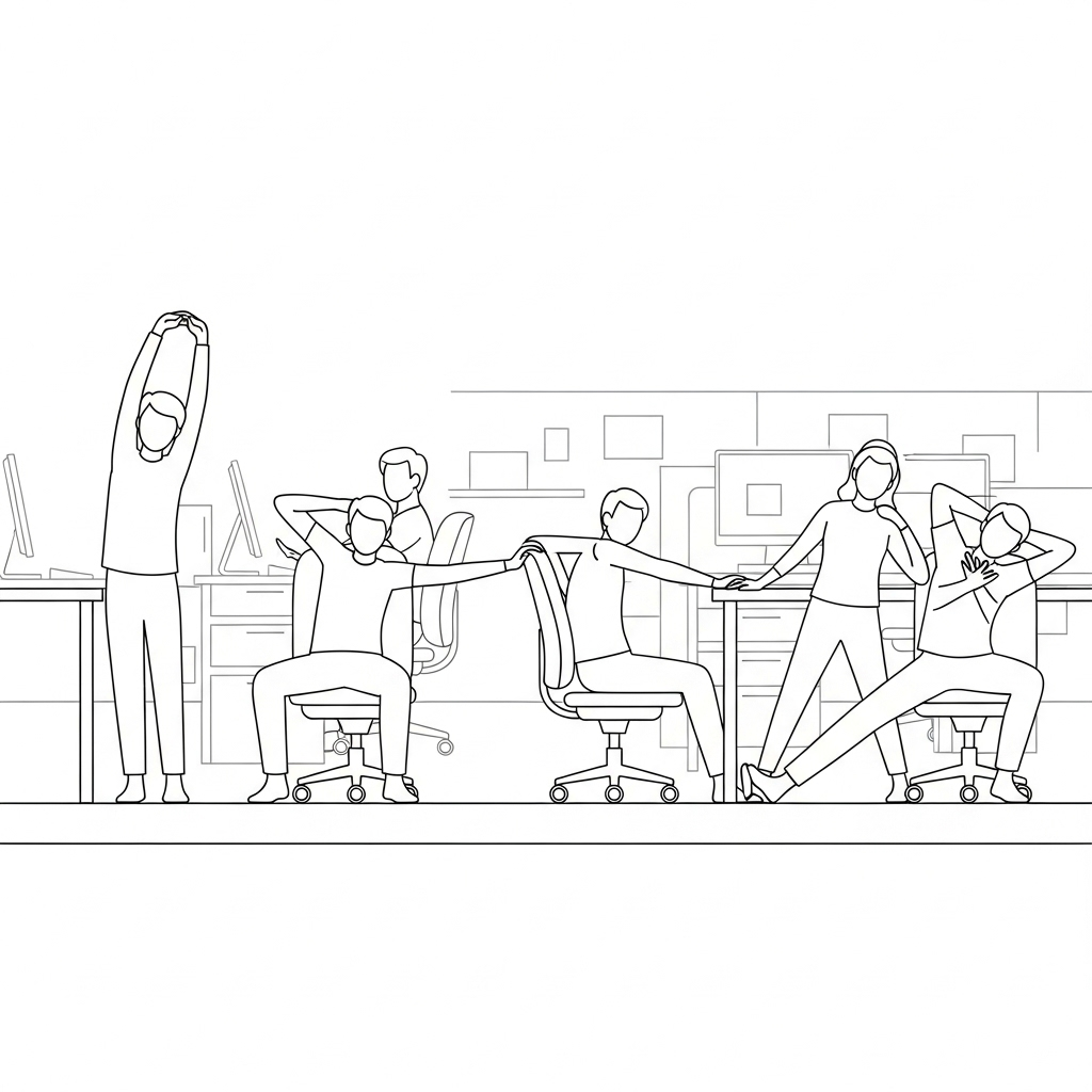people stretching at work, ergonomic office, simple line drawing