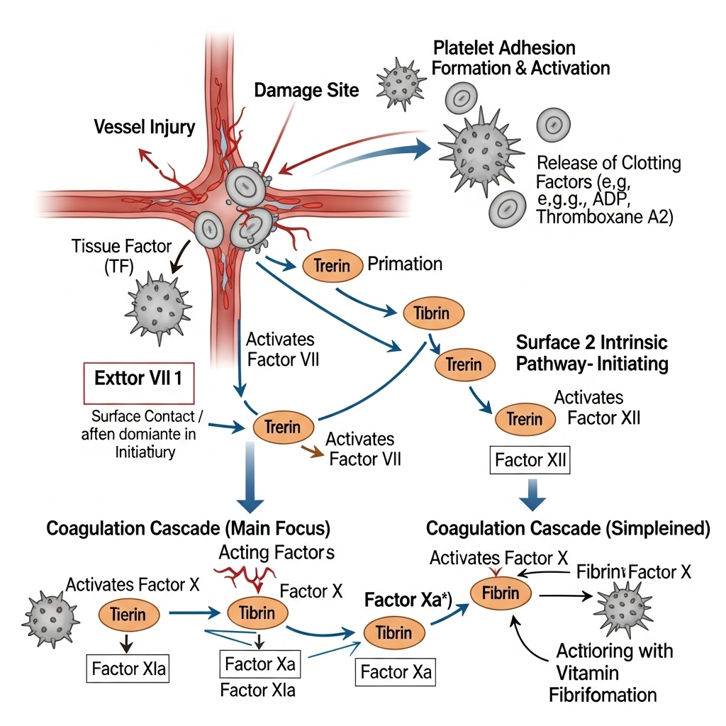 blood clotting process illustration with vitamin K molecules, medical diagram style 비타민K 효능과 부작용 7가지 완벽 가이드