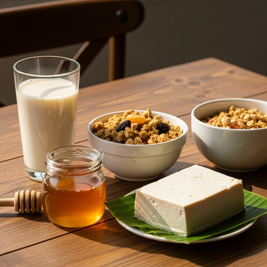 Healthy looking foods on wooden table that may increase breast cancer risk, including soy milk, honey, granola, tofu 건강하다고 착각했던 유방암 위험 음식 5가지와 올바른 식단 관리법
