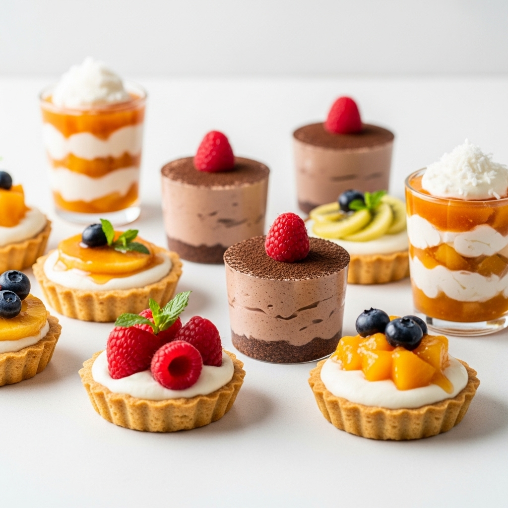 Vegan desserts with alternative sweeteners and coconut oil on clean white background