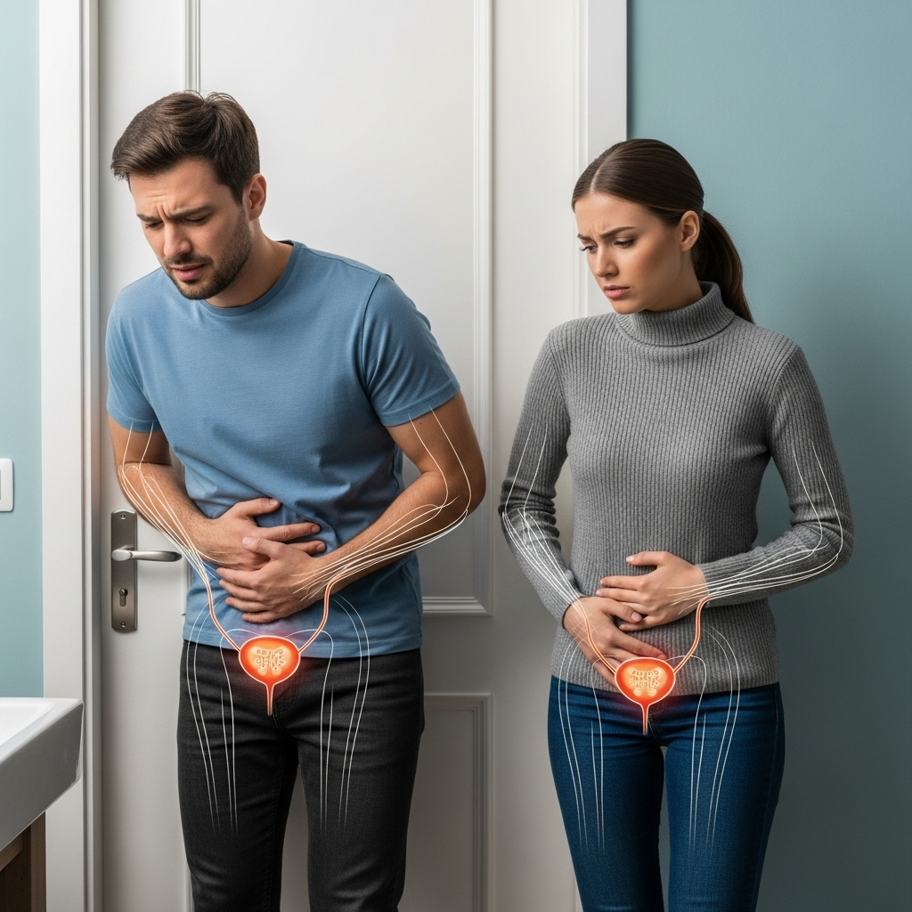 A man and a woman looking uncomfortable after using the bathroom, with a subtle illustration of the bladder and urinary tract anatomy glaringly highlighted. 남성 여성 잔뇨감 원인 총정리: 반드시 알아야 할 7가지