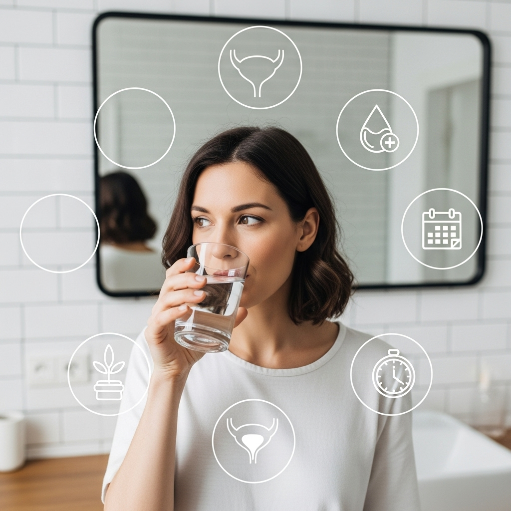 A woman drinking water with a clean bathroom in the background; medical icons showing bladder health.