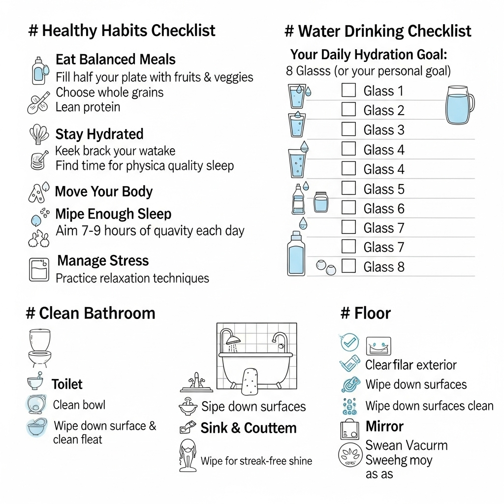 Simple checklists and icons for healthy habits, water drinking, and clean bathroom.