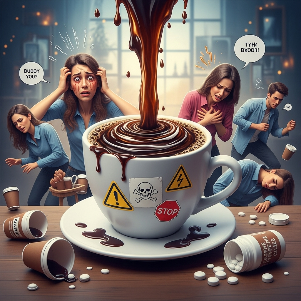coffee cup with warning signs, caffeine overdose symptoms illustration 카페인 과다섭취 부작용 5가지와 안전한 하루 권장량