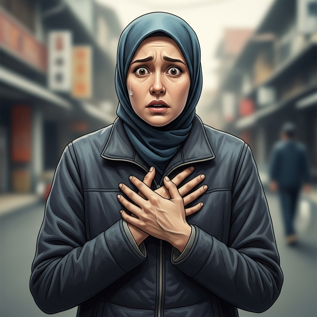 A person holding their chest, looking concerned as if experiencing heart palpitations, with a blurred background suggesting daily life. (갑자기 심장이 두근거려 가슴을 잡고 걱정하는 사람의 모습, 일상 배경)