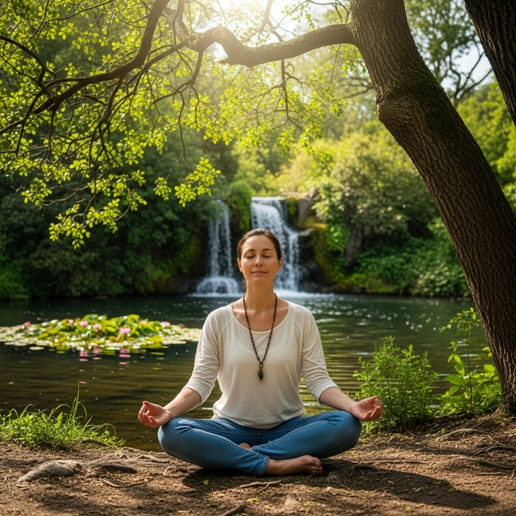 A person meditating calmly in a serene environment, symbolizing stress relief and mental peace. (조용하고 평화로운 환경에서 명상하며 스트레스를 해소하는 사람의 모습)