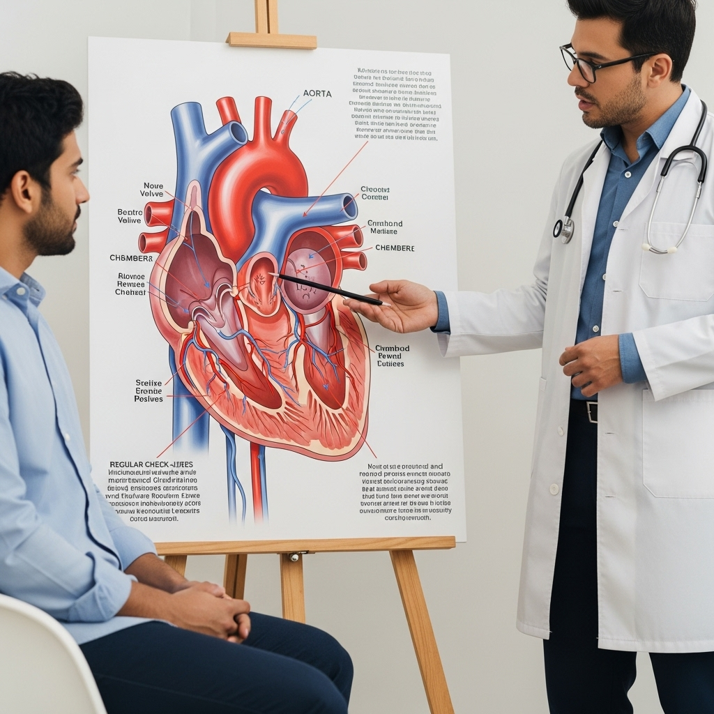 A medical doctor explaining a heart diagram to a patient, emphasizing the importance of heart health check-ups. (의사가 환자에게 심장 그림을 보여주며 심장 건강 검진의 중요성을 설명하는 모습)