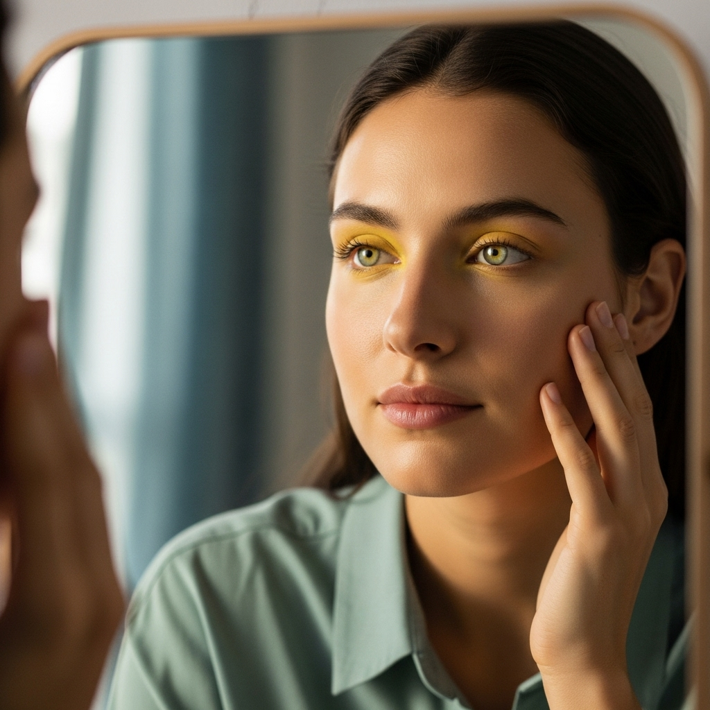 A vibrant illustration showing a person looking into a mirror, with a subtle glow around their eyes reflecting slight yellowing, hinting at internal health. Style: modern, inviting, not alarming. 눈 흰자 노란색, 혹시 나도? 건강 이상 신호 5가지와 예방 팁!