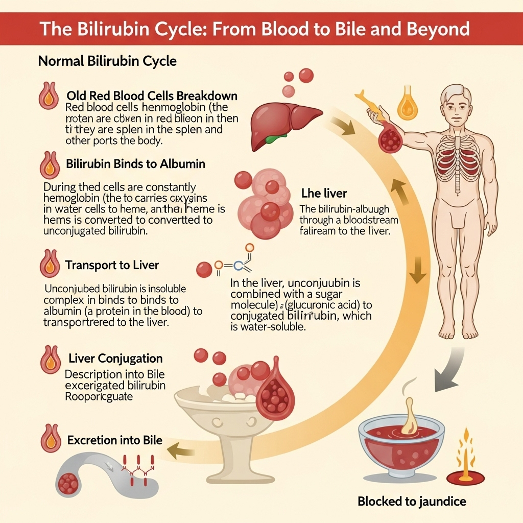 An infographic-style image explaining bilirubin cycle in the body, with arrows showing normal flow and a blocked pathway leading to yellowing of eyes. Clear, simple icons.